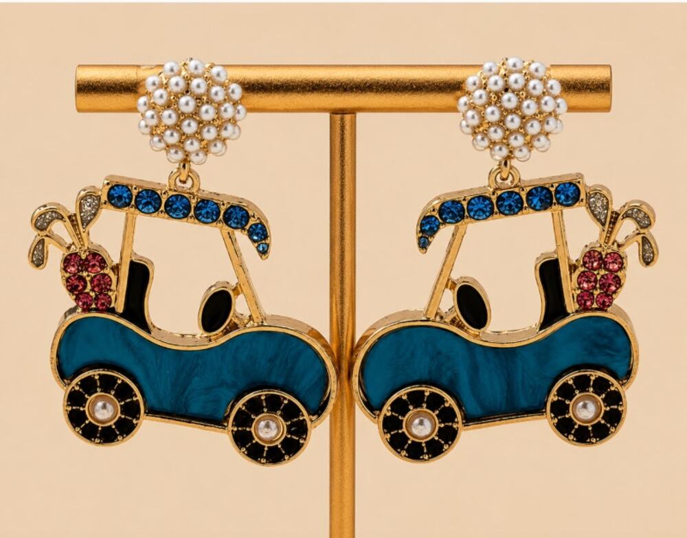 Golf Cart Earrings Enamel Rhinestones and Faux Pearls Clubs in the Back Cute